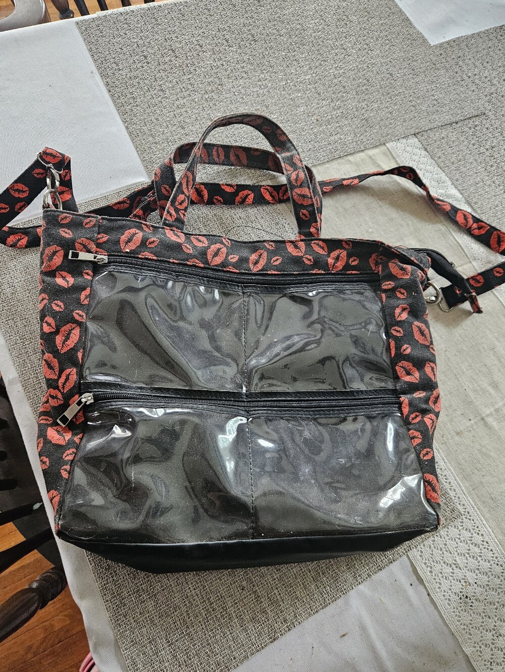 Women's Black Tote Bag with Red Lip Print - Clear Front Pockets